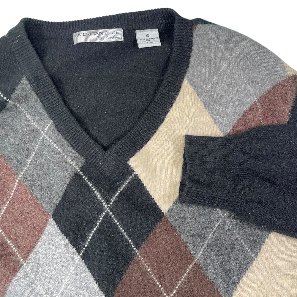 American Blue S Black Argyle V-Neck Sweater Pure Cashmere Preppy Dark Academia
